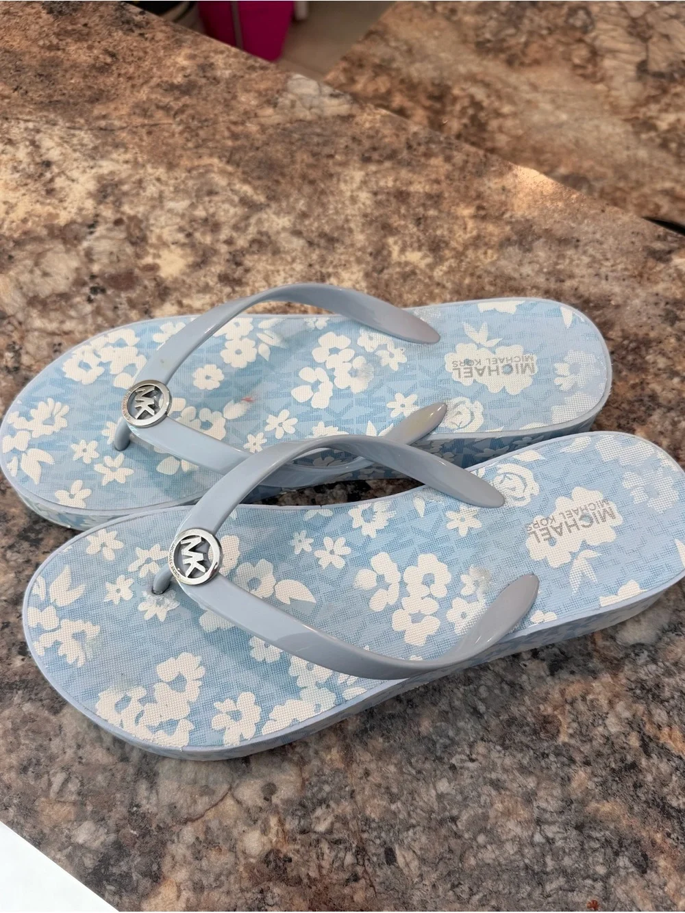 Michael Kors Light Blue Floral Platform Flip Flops